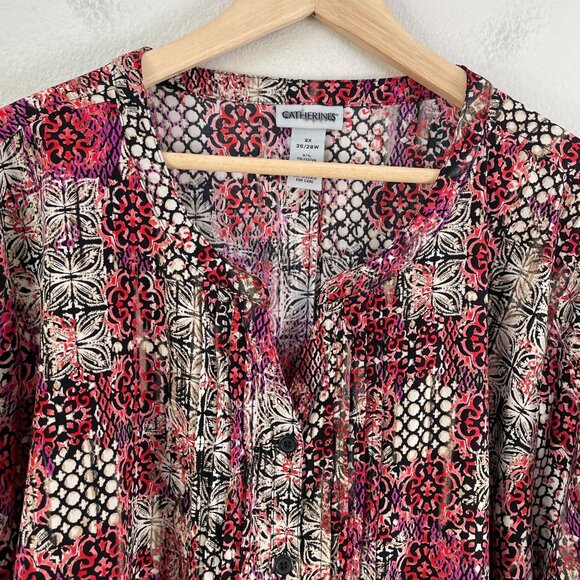 Catherines Womens Plus 3X Button Front Tunic Top Roll Tab Sleeve V Neck Shirt - Picture 2 of 7